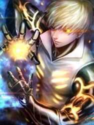 Rule 34 | 1boy, black sclera, blonde hair, closed mouth, colored sclera, commentary, cyborg, earrings, english commentary, genos, highres, jewelry, male focus, omocha-san, one-punch man, short hair, solo
