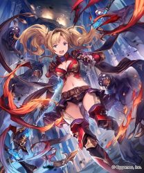 Rule 34 | 10s, 1girl, bad id, bad pixiv id, belt, black panties, blonde hair, blue eyes, boots, braid, breasts, cleavage, cleavage cutout, clothing cutout, fire, gloves, granblue fantasy, hairband, highres, large breasts, lee hyeseung, long hair, midriff, miniskirt, monster, navel, official art, open mouth, panties, shingeki no bahamut, skirt, solo focus, thigh boots, thighhighs, twintails, underwear, weapon, zeta (granblue fantasy)