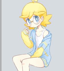 Rule 34 | 1boy, ahoge, akasaka (qv92612), bare legs, blonde hair, blue jacket, bright pupils, clemont (pokemon), closed mouth, collarbone, commentary request, creatures (company), game freak, grey background, grey eyes, hand up, jacket, long sleeves, looking at viewer, male focus, medium hair, nintendo, off shoulder, open clothes, open jacket, pokemon, pokemon xy, shirt, sleeveless, sleeveless shirt, sleeves past wrists, solo, white pupils, white shirt