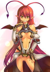 Rule 34 | 1girl, antenna hair, bat wings, breasts, censored, chain, chaps, fantasy, fingerless gloves, gloves, grin, large breasts, long hair, nail polish, no panties, onono imoko, original, pink nails, pointy ears, pussy, red hair, smile, solo, wings, yellow eyes