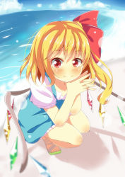 Rule 34 | 1girl, beach, blonde hair, blue dress, blue skirt, blush, bow, breasts, cloud, day, dress, fang, flandre scarlet, hair bow, highres, interlocked fingers, looking at viewer, puffy sleeves, shirt, short sleeves, sideboob, skirt, smile, solo, squatting, touhou, wings, yuimari