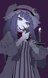 Rule 34 | 1girl, candle, candlelight, crescent, crescent hair ornament, fire, fire, hair ornament, hat, long hair, patchouli knowledge, smoking pipe, pipe in mouth, purple eyes, purple hair, solo, thupoppo, touhou
