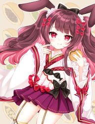 Rule 34 | 1girl, :q, animal ears, black bow, blush, bow, brown background, brown hair, closed mouth, commentary request, dorayaki, food, garter straps, hair bow, holding, holding food, japanese clothes, kimono, lolita fashion, long hair, long sleeves, multicolored hair, original, pink hair, pleated skirt, purple skirt, rabbit ears, red bow, red eyes, ribbon trim, shikito (yawa0w0), skirt, sleeves past wrists, smile, solo, thighhighs, tongue, tongue out, two-tone hair, two side up, very long hair, wa lolita, wagashi, white kimono, white thighhighs, wide sleeves