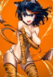 Rule 34 | 1girl, absurdres, angry, animal ears, animal print, assisted exposure, bare shoulders, bikini, black hair, blue eyes, blush, collarbone, covering privates, cowboy shot, derederu, disembodied hands, elbow gloves, fake animal ears, fake tail, fingerless gloves, gloves, highres, kill la kill, matoi ryuuko, multicolored hair, o-ring, o-ring bikini, open mouth, orange background, red hair, short hair, simple background, standing, swimsuit, tail, teeth, thighhighs, tiger ears, tiger print, tiger tail, two-tone hair, upper teeth only