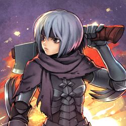 1girl armor axe beruka_(fire_emblem) black_eyes blue_hair fire fire_emblem fire_emblem_fates gauntlets gloves headband holding holding_weapon nintendo solo uboar upper_body weapon