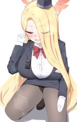 Rule 34 | 1girl, absurdres, black footwear, black hat, black panties, black pantyhose, black skirt, blonde hair, blue archive, blush, bow, bowtie, buttons, closed eyes, collared shirt, eyes visible through hair, full body, gloves, hahanaruhaiji, hair over one eye, halo, hat, highres, long hair, long sleeves, multicolored hair, official alternate costume, open mouth, orange halo, panties, panties under pantyhose, pantyhose, pina (blue archive), pina (guide) (blue archive), red bow, red bowtie, red hair, shirt, shoes, simple background, skirt, smile, solo, streaked hair, tour guide, underwear, white background, white gloves, white shirt
