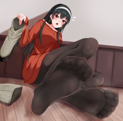 Rule 34 | 1girl, black hair, blush, boots, unworn boots, feet, hairband, highres, iberiko (soinesitai), long hair, looking at viewer, open mouth, pantyhose, red eyes, shoes, unworn shoes, smel, soles, spy x family, steam, sweat, toes, yor briar