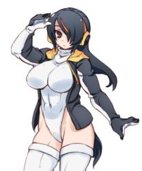 Rule 34 | 1girl, black jacket, breasts, brown eyes, closed mouth, commentary request, covered navel, drawstring, emperor penguin (kemono friends), hair over one eye, hanzo (2929), headphones, highleg, highleg leotard, hood, hoodie, jacket, kemono friends, large breasts, leotard, long hair, long sleeves, lowres, multicolored hair, open clothes, open hoodie, solo, streaked hair, thighhighs, thighs, turtleneck, white background, white leotard, white thighhighs