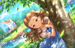 Rule 34 | 1girl, boat, bracelet, brown hair, building, cloud, dock, dress, earrings, forehead, game cg, grass, grin, idolmaster, idolmaster cinderella girls, idolmaster cinderella girls starlight stage, jewelry, leaf, necklace, official art, peeking out, puffy sleeves, railing, red eyes, seki hiromi, smile, solo, sparkle, water, watercraft, window