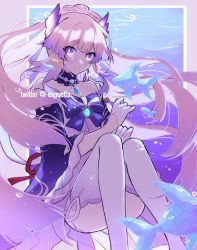 Rule 34 | 1girl, bare shoulders, blush, closed mouth, fish, frilled sleeves, frills, genshin impact, gloves, hands up, highres, japanese clothes, knees up, long hair, looking at viewer, mao (expuella), pink hair, purple eyes, sangonomiya kokomi, smile, solo, thighhighs, vision (genshin impact), white gloves, white thighhighs, wide sleeves