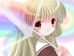 Rule 34 | 00s, 1girl, :d, artist request, blonde hair, chii, chobits, hair tubes, looking at viewer, looking back, open mouth, portrait, rainbow, robot ears, school uniform, see-through, serafuku, smile, solo, transparent, transparent umbrella, umbrella, wallpaper, yellow eyes