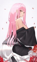 Rule 34 | 1girl, black nails, black skirt, blunt bangs, breasts, closed mouth, highres, hololive, hololive english, japanese clothes, large breasts, long hair, looking at viewer, looking back, mori calliope, nail polish, pink hair, pleated skirt, red eyes, seiza, sitting, skirt, thomas 8000, virtual youtuber, wide sleeves