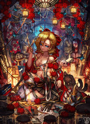 Rule 34 | 1girl, bare shoulders, black skirt, blonde hair, blood, bloody weapon, blue eyes, breasts, bug, butterfly, candle, cat, cleavage, closed mouth, commentary, commission, copyright request, earrings, english commentary, flower, hair ribbon, highres, holding, holding scissors, indoors, insect, japanese clothes, jewelry, kimono, lantern, large breasts, long sleeves, looking at viewer, mouth hold, multiple tails, nekomata, off shoulder, organs, plate, pleated skirt, red flower, red kimono, red ribbon, ribbon, sa-dui, scissors, sewing machine, sitting, skeleton, skirt, skull, smile, solo, spider lily, statue, tail, thighhighs, tread, two tails, vase, weapon, white thighhighs, yokozuwari