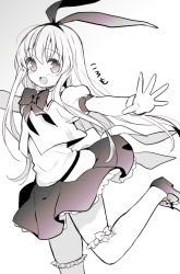 Rule 34 | 1girl, :d, amae koromo, blush, frilled thighhighs, frills, gradient background, grey background, greyscale, hair between eyes, hair ribbon, highres, itsumi (itumiyuo), jacket, long hair, looking at viewer, monochrome, open mouth, outstretched arms, over-kneehighs, pleated skirt, puffy short sleeves, puffy sleeves, ribbon, saki (manga), shirt, shoes, short sleeves, skirt, smile, solo, spread arms, standing, standing on one leg, thighhighs, translation request, very long hair, white background