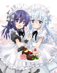Rule 34 | 2girls, :d, :o, akatsuki (kancolle), apron, black dress, blue eyes, blue hair, blush, commentary request, cupcake, doily, dress, food, hair between eyes, heart, heart background, hibiki (kancolle), highres, hizuki yayoi, holding, holding hands, holding plate, interlocked fingers, kantai collection, long hair, looking at viewer, maid headdress, multiple girls, open mouth, parted lips, plate, puffy short sleeves, puffy sleeves, purple eyes, purple hair, short sleeves, smile, sweets, very long hair, white dress, wrist cuffs