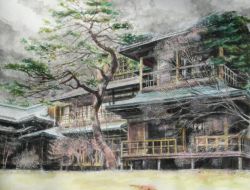 Rule 34 | architecture, chiikame, east asian architecture, no humans, original, painting (medium), pine tree, real world location, scenery, traditional media, tree, watercolor (medium), winter