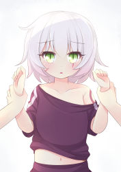 Rule 34 | 1girl, absurdres, blush, collarbone, facial scar, fate/apocrypha, fate (series), green eyes, highres, holding another&#039;s wrist, ikazu401, jack the ripper (fate/apocrypha), looking at viewer, navel, off shoulder, open mouth, pov, scar, scar across eye, scar on cheek, scar on face, shirt, short hair, simple background, slit pupils, solo focus, t-shirt, tattoo, upper body, white background, white hair
