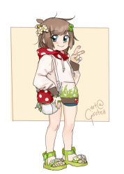 Rule 34 | 1girl, ahoge, alternate costume, artist name, bag, bee hair ornament, blue eyes, blue nails, blue shorts, blush, brown hair, brown hoodie, brown sweater, child, closed mouth, dandelion, denim, denim shorts, eyebrows, feet, flower, flower hair ornament, food print, freckles, full body, girutea, grass print, green eyes, green footwear, green nails, handbag, highres, hood, hoodie, indie virtual youtuber, legs, lily hopkins, looking at viewer, messy hair, multicolored nails, multicolored purse, mushroom, mushroom print, nail polish, orange nails, red purse, sandals, shorts, signature, simple background, smile, standing, sweater, tan background, thighs, toes, v, white background, white purse, yellow nails