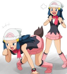 Rule 34 | 2girls, all fours, artist request, bare legs, bare shoulders, blue eyes, blue hair, blush, boots, breasts, cosplay, creatures (company), dawn (pokemon), dawn (pokemon) (cosplay), disguised zorua, embarrassed, full body, game freak, gen 5 pokemon, hair ornament, hairclip, hat, imposter, looking at another, looking to the side, multiple girls, nintendo, open mouth, pokemon, pokemon: zoroark: master of illusions, pokemon (anime), pokemon dppt (anime), red scarf, scarf, shiny skin, simple background, skirt, small breasts, tail, transformation, zorua