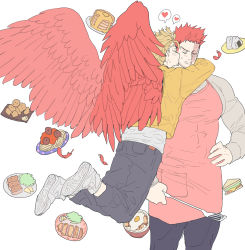 Rule 34 | 2boys, alternate costume, apron, blonde hair, blue eyes, blush, boku no hero academia, casual, contemporary, couple, deavor lover, denim, egg (food), endeavor (boku no hero academia), facial hair, feathered wings, feet out of frame, food, food request, hawks (boku no hero academia), highres, holding, holding spatula, jeans, jumping, karaage, kiss, kissing cheek, large pectorals, male focus, mature male, multiple boys, muscular, muscular male, pancake, pancake stack, pants, pectorals, red apron, red hair, red wings, scar, scar across eye, scar on face, short hair, sideburns, spatula, spiked hair, stubble, wings, yaoi