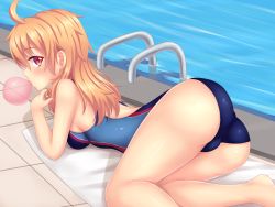 Rule 34 | 1girl, ahoge, ass, back cutout, bad deviantart id, bad id, bare legs, bare shoulders, blonde hair, blue one-piece swimsuit, blush, breasts, bubble, blowing bubbles, chewing gum, clothing cutout, colored eyelashes, competition swimsuit, day, eyebrows, hair between eyes, highres, kneepits, legs, long hair, looking at viewer, looking back, medium breasts, nottytiffy, one-piece swimsuit, original, outdoors, pool, pool ladder, profile, red eyes, reflection, shiny skin, sideboob, slit pupils, solo, swimsuit, tareme, thighs, tiffy (nottytiffy), tile floor, tiles, very long hair, water
