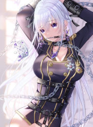Rule 34 | 1girl, arms up, bdsm, beads, bit gag, black bow, black ribbon, blue hair, bondage, bottomless, bound, bow, braid, breasts, buttons, chain, cleavage, closed mouth, collar, cross, crown, cuffs, double-breasted, earrings, epaulettes, gag, gem, glint, hair ribbon, half updo, harness, jewelry, ktm, large breasts, leash, long hair, long sleeves, looking away, looking down, medal, military, military uniform, o-ring, original, out-of-frame censoring, pendant, purple eyes, restrained, ribbon, silver hair, slave, solo, ungagged, uniform, unworn crown, upper body, very long hair, window shadow