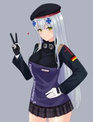 Rule 34 | 1girl, 416 day, beret, black hat, blush, breasts, brown skirt, closed mouth, commentary, cyka, english commentary, facial mark, german flag, girls&#039; frontline, green eyes, grey background, grey hair, hair ornament, hand up, hat, heart, highres, hk416 (girls&#039; frontline), jacket, long hair, long sleeves, looking at viewer, medium breasts, plaid, plaid skirt, pleated skirt, purple jacket, simple background, skirt, smile, solo, v, very long hair