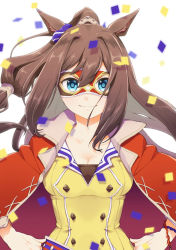 Rule 34 | 1girl, animal ears, belt, blue eyes, breasts, cleavage, closed mouth, collarbone, confetti, domino mask, el condor pasa (umamusume), facing viewer, hair between eyes, hair intakes, half updo, hands on own hips, highres, horse ears, horse girl, jacket, jacket on shoulders, long hair, looking at viewer, loose belt, mask, medium breasts, nonono (1399900), open clothes, open jacket, red jacket, shirt, simple background, smile, solo, striped, striped belt, umamusume, upper body, white background, yellow shirt