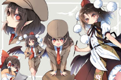 Rule 34 | 2girls, beret, black wings, bow, brown hair, feathered wings, forbidden scrollery, hair bow, hair tubes, hakurei reimu, hat, jacket, multiple girls, necktie, open mouth, pen, piyokichi, pointy ears, pom pom (clothes), red eyes, shaded face, shameimaru aya, shameimaru aya (newsboy), sparkling eyes, suit jacket, tokin hat, touhou, wings