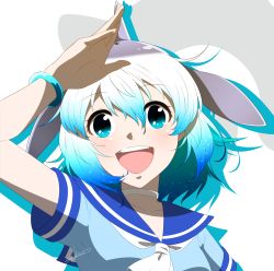 Rule 34 | 10s, 1girl, :d, artist name, bangle, blue eyes, blue hair, blue shirt, blush, bracelet, collarbone, common bottlenose dolphin (kemono friends), dolphin ears, fins, hair between eyes, head fins, head tilt, highres, japari symbol, jewelry, kemono friends, looking at viewer, multicolored hair, neckerchief, open mouth, sailor collar, shirt, short sleeves, signature, silhouette, smile, solo, stylecase, two-tone hair, upper body, white background, white hair