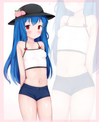 Rule 34 | 1girl, alternate costume, arms behind back, bare arms, bare shoulders, black hat, blue hair, bow, breasts, cowboy shot, crop top, denim, denim shorts, female focus, food, fruit, hair between eyes, hat, highres, hinanawi tenshi, long hair, midriff, navel, nyatrix, outside border, peach, red bow, shirt, shorts, simple background, small breasts, solo, standing, stomach, touhou, white background, white shirt, zoom layer