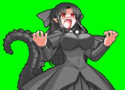 Rule 34 | 00s, 1girl, animated, animated gif, black dress, black hair, bouncing breasts, bow, breasts, dress, fangs, fusion, godzilla, godzilla (series), gojiren, green background, hair bow, impossible clothes, impossible shirt, large breasts, len (tsukihime), long hair, m.u.g.e.n, melty blood, mono (moiky), open mouth, personification, pointy ears, red eyes, reptile, shirt, simple background, solo, tail, tsukihime