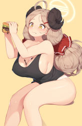 Rule 34 | 1girl, ahoge, blue archive, blush, breasts, burger, food, hair ornament, hair scrunchie, hairclip, highres, holding, holding food, horns, izumi (blue archive), large breasts, light brown hair, long hair, low ponytail, messy, panties, pepper0, scrunchie, sheep horns, sitting, smile, solo, tank top, underwear, white panties, yellow background, yellow eyes