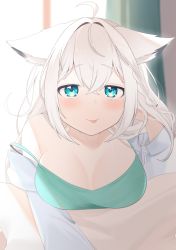 Rule 34 | 1girl, 345 myk, absurdres, animal ears, blanket, blurry, blurry background, blush, braid, breasts, camisole, cleavage, commentary request, curtains, ears down, fox ears, fox girl, green camisole, green eyes, hair between eyes, hand in own hair, highres, hololive, indoors, looking at viewer, medium breasts, open clothes, open shirt, shirakami fubuki, shirt, sidelocks, single braid, solo, tongue, virtual youtuber, white hair, white shirt, window