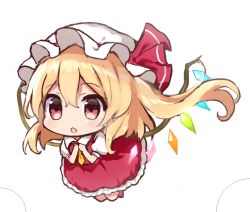 Rule 34 | 1girl, :o, blonde hair, chibi, flandre scarlet, flying, hands on own chest, hat, mob cap, side ponytail, solo, touhou, white background, yada (xxxadaman)