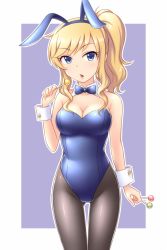 Rule 34 | 1girl, animal ears, black pantyhose, blonde hair, blue bow, blue bowtie, blue eyes, blue leotard, bow, bowtie, breasts, candy, cleavage, detached collar, fake animal ears, food, idolmaster, idolmaster cinderella girls, leotard, lollipop, long hair, looking at viewer, medium breasts, ohtsuki yui, open mouth, pantyhose, pataneet, playboy bunny, ponytail, rabbit ears, solo, strapless, strapless leotard, wavy hair, wrist cuffs