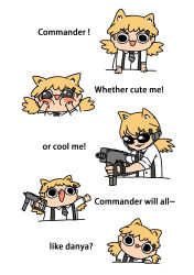 Rule 34 | 1girl, :3, afei (sfma3248), aiming, animal ears, black eyes, black gloves, black neckwear, blonde hair, blush stickers, bushman ltd., cat ears, chibi, chinese commentary, commentary request, english text, fingerless gloves, girls&#039; frontline, gloves, gun, hair ornament, hairclip, handgun, hands on own cheeks, hands on own face, highres, holding, holding weapon, idw (girls&#039; frontline), long hair, looking at viewer, machine gun, machine pistol, multiple views, necktie, open mouth, parker-hale, parker-hale idw, parker-hale pdw, personal defense weapon, pistol, prototype design, rheinlander instruments corp., shirt, simple background, striped neckwear, sunglasses, suspenders, twintails, upper body, v-shaped eyebrows, weapon, white background, white shirt