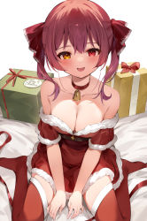 Rule 34 | 1girl, :d, bell, blush, box, breasts, choker, cleavage, commentary request, dress, fur-trimmed dress, fur trim, gift, gift box, hair ribbon, hana mori, heterochromia, highres, hololive, houshou marine, neck bell, no shoes, open mouth, red choker, red dress, red eyes, red hair, red ribbon, red thighhighs, ribbon, short sleeves, smile, solo, thighhighs, twintails, virtual youtuber, white background, yellow eyes