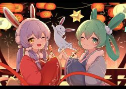 Rule 34 | 2girls, ;d, animal ears, aqua eyes, aqua hair, blue kimono, closed mouth, commentary request, fake animal ears, fireworks, food, hands up, hatsune miku, highres, holding, holding food, japanese clothes, kimono, lantern, looking at viewer, multiple girls, night, one eye closed, open mouth, paper lantern, purple hair, rabbit, rabbit ears, red kimono, smile, upper body, vocaloid, wide sleeves, xingchen, yellow eyes, zhayin-san