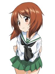 Rule 34 | 1girl, black neckerchief, blouse, blush, breast hold, breasts, brown eyes, brown hair, closed mouth, commentary, cowboy shot, frown, girls und panzer, green skirt, head tilt, leaning forward, long sleeves, looking at viewer, medium breasts, miniskirt, neckerchief, nishizumi miho, ooarai school uniform, pleated skirt, school uniform, serafuku, shirt, short hair, simple background, skirt, solo, standing, sweatdrop, take shinobu, white background, white shirt