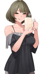 Rule 34 | 1girl, bare shoulders, black dress, blue eyes, breasts, closed mouth, commentary request, cum, cum in container, cum in cup, cup, dress, green eyes, green hair, hands up, heterochromia, highres, holding, holding cup, idolmaster, idolmaster cinderella girls, looking at viewer, medium breasts, mole, mole under eye, naughty face, off-shoulder dress, off shoulder, senju (snz0), short hair, simple background, solo, stray pubic hair, takagaki kaede, tongue, white background, wide sleeves