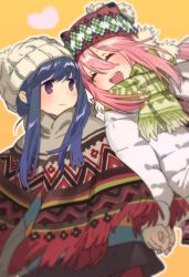 Rule 34 | 2girls, :d, ^ ^, animal hat, beanie, beige headwear, blue hair, cat hat, closed eyes, closed mouth, down jacket, dutch angle, facing another, floating hair, fringe trim, green scarf, hair between eyes, happy, hat, heart, holding hands, jacket, kagamihara nadeshiko, light smile, long hair, long sleeves, looking at another, multiple girls, open clothes, open jacket, open mouth, orange background, outline, pink hair, plaid, pom pom (clothes), poncho, print scarf, purple eyes, round teeth, scarf, shima rin, sidelocks, simple background, smile, striped clothes, striped scarf, swept bangs, tareme, teeth, tsumugi15, upper teeth only, white jacket, white outline, winter clothes, yurucamp, |d