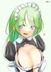 Rule 34 | 1girl, alternate costume, ayuman, black dress, blue eyes, breasts, cleavage, dress, enmaided, green hair, kantai collection, large breasts, long hair, maid, maid headdress, mole, mole under mouth, solo, upper body, very long hair, yuugumo (kancolle)