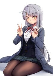 Rule 34 | 1girl, black cardigan, blush, breasts, brown pantyhose, cardigan, closed mouth, collared shirt, commentary request, double v, expressionless, full body, green skirt, grey hair, hair between eyes, hair ornament, hairclip, highres, large breasts, long hair, looking at viewer, mahjong soul, medium bangs, mistynight, neck ribbon, pantyhose, plaid, plaid skirt, pleated skirt, red ribbon, ribbon, seiza, shirt, simple background, sitting, skirt, solo, v, very long hair, white background, white shirt, yagi yui, yellow eyes