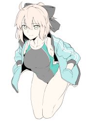 Rule 34 | 1girl, ahoge, black ribbon, blonde hair, commentary request, competition swimsuit, fate (series), flat color, green jacket, hair ribbon, halcon, hands in pockets, highres, jacket, koha-ace, leaning forward, looking at viewer, okita souji (fate), okita souji (koha-ace), one-piece swimsuit, ribbon, seiza, short hair, simple background, sitting, smile, solo, spot color, swimsuit, white background
