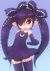 Rule 34 | 1girl, backbeako (torotei), backbeard, birthday, black dress, black gloves, black hair, black ribbon, black thighhighs, blush, commentary request, dress, elbow gloves, gegege no kitarou, gloves, hair over one eye, hair ribbon, light frown, long hair, looking at viewer, open mouth, original, pointing, pointing at viewer, pointy ears, red eyes, ribbon, ringed eyes, sleeveless, sleeveless dress, solo, thighhighs, torotei, twintails, v-shaped eyebrows, very long hair