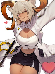 Rule 34 | 1girl, animal ear fluff, animal ears, arknights, arm behind back, arm support, arm up, belt, black belt, black skirt, breasts, brown horns, buckle, carnelian (arknights), chest strap, cleavage, coat, collared coat, commentary, cowboy shot, crop top, cropped shirt, dark skin, distr, drop shadow, english commentary, eyelashes, from above, goat ears, goat girl, goat horns, grey hair, grin, half-closed eyes, head tilt, heart, highres, horns, invisible floor, large breasts, legs together, long sleeves, looking at viewer, looking up, midriff, miniskirt, navel, parted lips, pencil skirt, pocket, red eyes, scabbard, shadow, sheath, sheathed, shiny clothes, shirt, short hair, simple background, sitting, skirt, smile, snap-fit buckle, solo, stomach, straight-on, strap, sword, teeth, thighs, underbust, weapon, white background, white coat, white shirt, wing collar