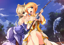 Rule 34 | 2girls, blonde hair, blood elf (warcraft), grabbing another&#039;s breast, breasts, fish, fishing rod, grabbing, green eyes, highres, kite, long hair, multiple girls, one eye closed, open mouth, pointy ears, smile, thighs, warcraft, windforcelan, wink, world of warcraft, yuri