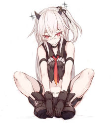 Rule 34 | 1girl, abyssal ship, ankle boots, artist name, boots, butterfly sitting, choker, destroyer water oni, goekawa, hands on own feet, horns, kantai collection, pale skin, red eyes, sitting, solo, white hair