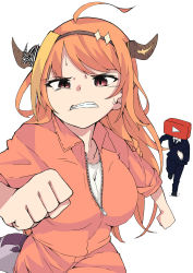 Rule 34 | 1girl, absurdres, alternate costume, bow, breasts, brown jumpsuit, cleavage, commentary request, diagonal-striped bow, dragon girl, dragon horns, fleeing, formal, hairband, highres, hololive, horn ornament, horn ribbon, horns, jumpsuit, kiryu coco, large breasts, long hair, multicolored hair, necktie, orange hair, prison clothes, red eyes, ribbon, running, sasakungoodsize, simple background, slit pupils, solo focus, streaked hair, suit, tail, virtual youtuber, white background, youtube, zipper